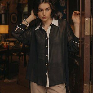 Women's Wynne Layers Black White Sheer Tuexdo Button Shirt Long Sleeve Top M